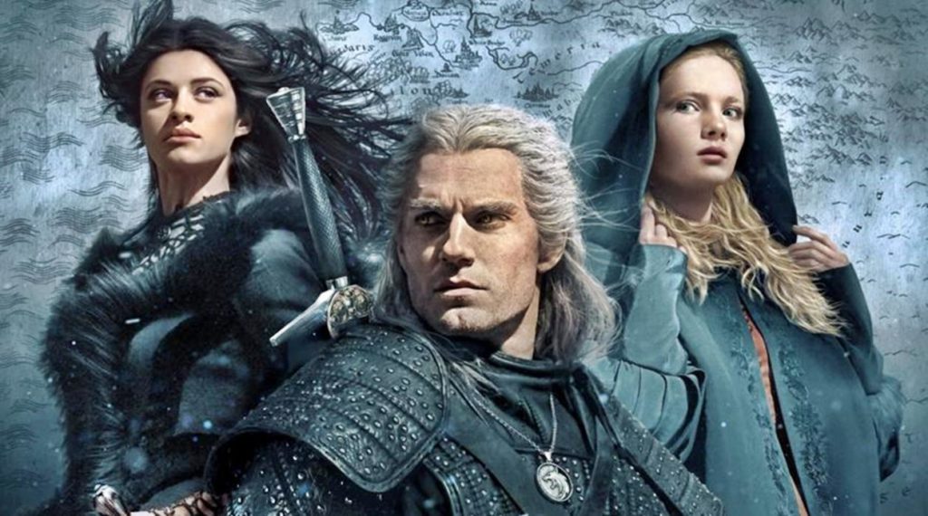 Cartel con los tres protagonistas de The Witcher: Yennefer, Geralt y Ciri.
